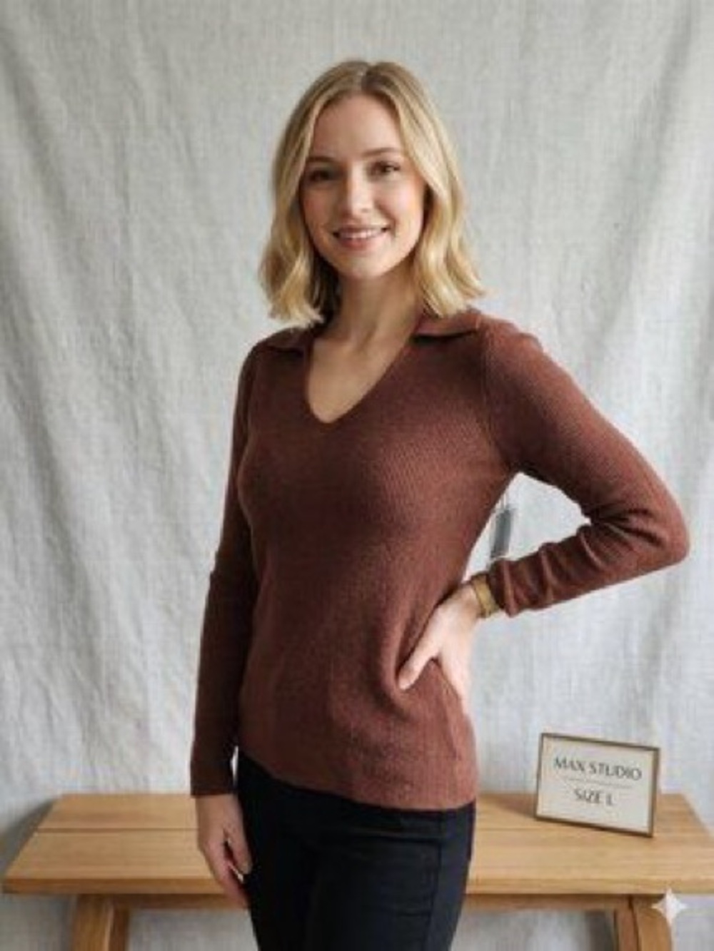 Max Studio Chocolate Brown Merino Wool V-Neck Polo Collar Sweater L